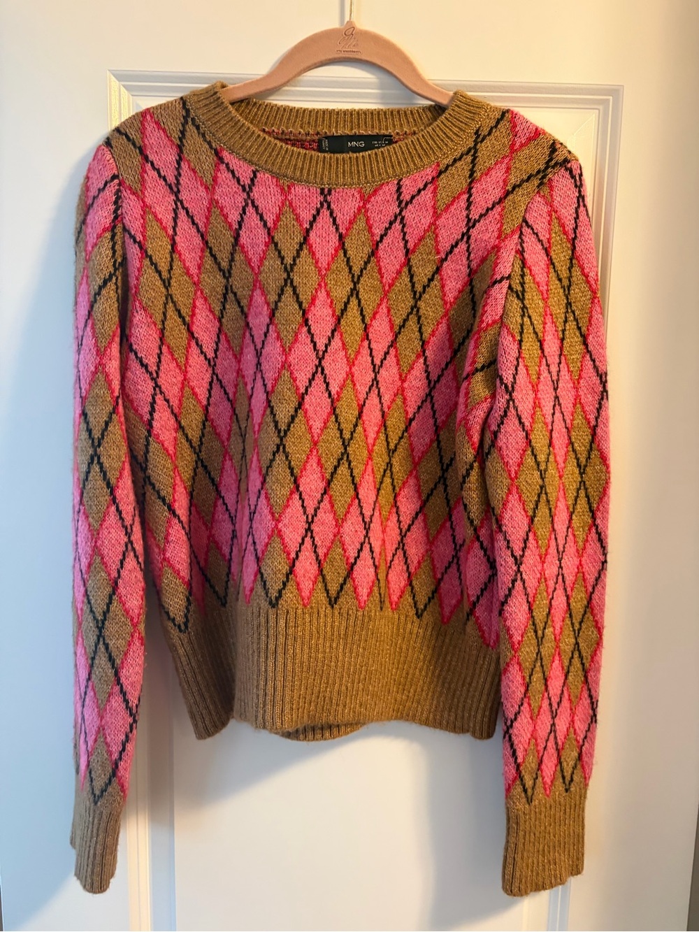 Mango Pink & Camel Argyle Crew Sweater